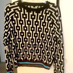 Geometric euro looking lightweight sweater, fitted . Pair with black bottoms.